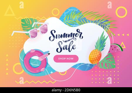 Summer sale poster or banner design template with yellow pink neon gradient background. Vector flat cartoon illustration. Abstract white frame with pa Stock Vector
