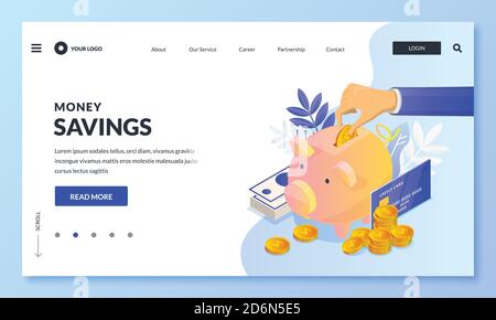 Money savings business concept. Vector 3d isometric illustration. Human hand putting money to piggybank surrounded by gold coins and credit card. Econ Stock Vector