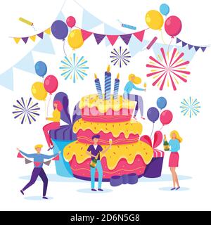 Happy young people celebrating a birthday. Vector flat cartoon illustration. Men and women have a fun party with big pink cake, gifts and champagne. Stock Vector