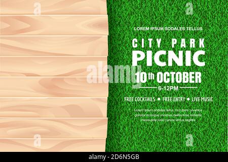 Picnic horizontal background. Vector poster or banner design template with realistic light brown wooden table on green grass lawn. Summer street food Stock Vector