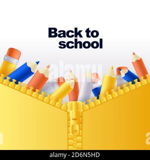Back to school banner or poster background. Vector 3d multicolor pencils in open zip fastener pocket. Yellow backpack close up illustration. Modern ed Stock Vector