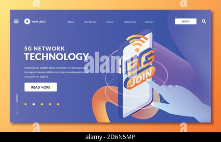 5G network wireless technology. Landing page, web banner design layout. Human finger press join 5g internet button, vector 3d isometric illustration. Stock Vector
