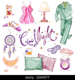 Bedtime and bedroom design elements collection, isolated on white background. Vector cartoon illustration. Good night calligraphy lettering and sleep Stock Vector