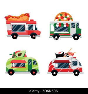 Food trucks set, isolated on white background. Vector flat cartoon illustration. Street food festival and catering business, icons and design elements Stock Vector