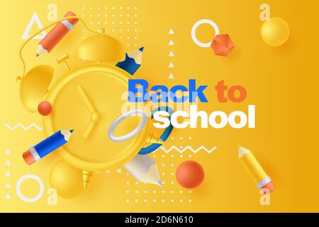 Back to school poster or banner design template. Vector 3d illustration of multicolor pencils, alarm clock and plastic geometric shapes flying on yell Stock Vector