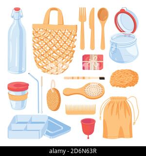Zero waste lifestyle, vector design elements set, isolated on white background. Natural reusable items and accessories flat cartoon icons. Hand drawn Stock Vector