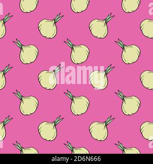 Small garlic, seamless pattern on pink background. Stock Vector