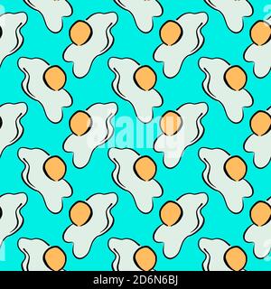 Cracked fried egg, seamless pattern on blue background. Stock Vector