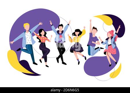 Jumping and dancing happy people. Vector flat illustration. Friends have a fun party. Young colorful men and women cartoon characters. Stock Vector