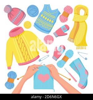 Knitted winter and autumn clothes set, isolated on white background. Knits woman, top view vector cartoon illustration. Fall handmade fashion wool clo Stock Vector