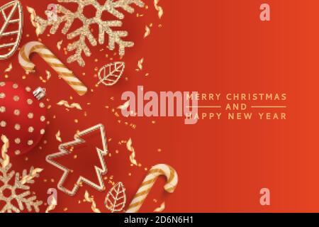 Christmas golden holiday decoration on red background. Vector 3d illustration of Christmas tree, shiny snowflakes, balls and gold metal leaves. Luxury Stock Vector