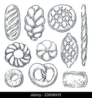Fresh baked grain bread set, isolated on white background. Vector hand drawn sketch illustration. Rye and wheat buns, loaf, bagel and baguette. Bakery Stock Vector