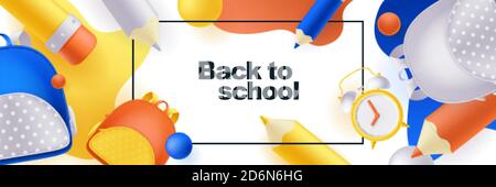 Education horizontal banner or poster white background. Vector 3d realistic illustration of school rucksack, pencils, alarm clock. Minimal modern back Stock Vector