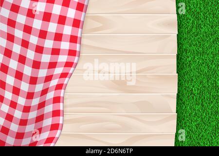 Picnic poster or banner empty background with place for text. Vector realistic illustration of red plaid tablecloth on light wooden table and summer g Stock Vector