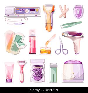 Hair removal methods vector cartoon illustration. Beauty salon epilation and depilation icons set. Body care and cosmetology treatment design elements Stock Vector