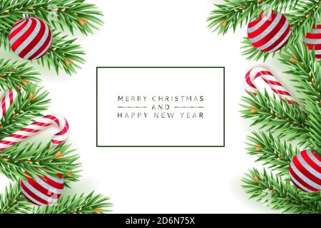 Merry Christmas, Happy New Year poster, banner white background. Vector 3d realistic illustration of green pine branches, red balls and striped stick Stock Vector