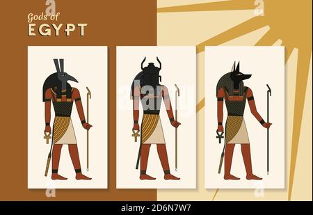 A collection of vector illustrations by the ancient Egyptian gods Thoth, Khepri and Anubis from the ankh. Stock Vector