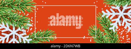 Merry Christmas, Happy New Year poster, banner red background. Vector 3d realistic illustration of white snowflakes and green fir branches. Minimal mo Stock Vector