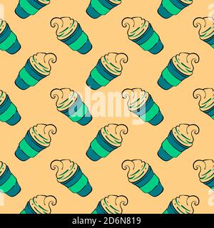 Ice cream in a cup, seamless pattern on yellow background. Stock Vector