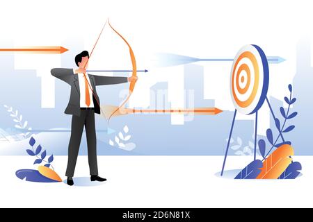 Business goal achievement concept. Vector flat cartoon illustration. Successful businessman aiming target with bow and arrow. Stock Vector