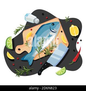 Cooking fish dorado, tuna, trout, vector cartoon top view illustration. Black kitchen table background with sea bream on cutting board, spices and ing Stock Vector