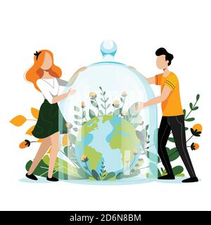 Taking care and saving Earth planet concept. People holding protection glass dome above Earth. Environment, ecology, nature protection vector flat car Stock Vector