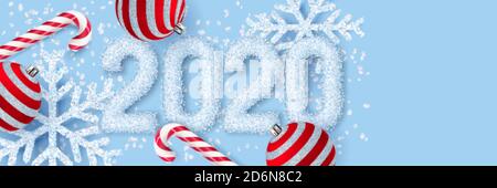 Happy New Year 2020 poster, banner blue background. Vector 3d realistic illustration of white snow numbers, snowflakes, red balls, stick candy. Minima Stock Vector