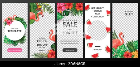 Stories, news or new post vector template for social network. Story background with tropical palm leaves and flamingo. Trendy summer design for fashio Stock Vector