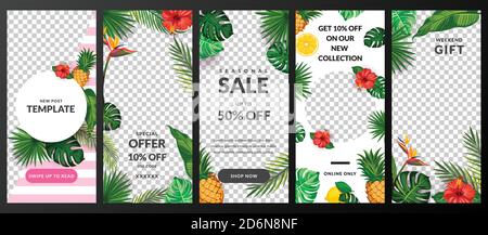 Stories, news or post vector template for social network. Story tropical background. Trendy summer design for fashion sale and special offer flyers. Stock Vector