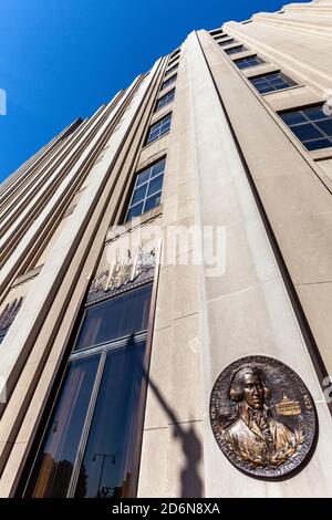 Plaque of Charles Bulfinch American architect, Art deco building, 6 Bowdoin Square,  Financial District, Boston, Massachusetts, USA Stock Photo