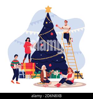 Happy young people decorating Christmas Tree. Family celebrating New Year Eve. Vector flat cartoon illustration. Men and women have a fun winter holid Stock Vector