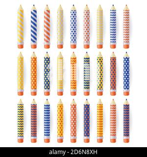 Multicolor realistic pencils with geometric patterns, isolated on white background. School education art supplies set. Vector 3d illustration. Stock Vector