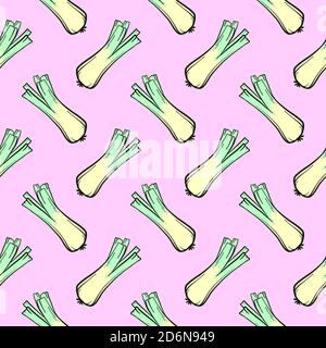 Cute leek, seamless pattern on pink background. Stock Vector