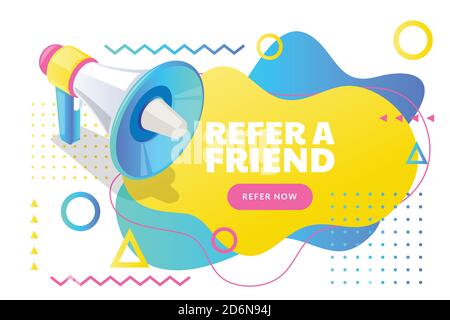 Refer a friend poster, banner design template. Vector 3d isometric illustration of loudspeaker and abstract geometric shapes on yellow background. Bus Stock Vector