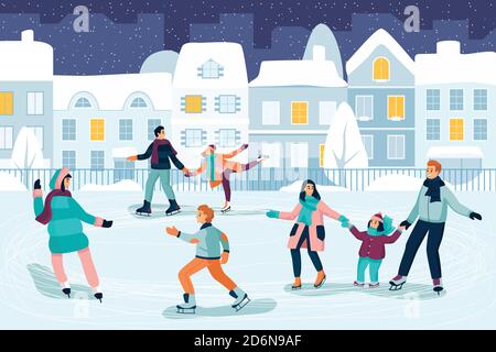 Happy young people skating. Couple, kids and family spend time on ice rink. Vector flat cartoon illustration. Outdoor winter leisure activity and seas Stock Vector
