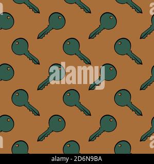 Green key, seamless pattern on orange  background. Stock Vector