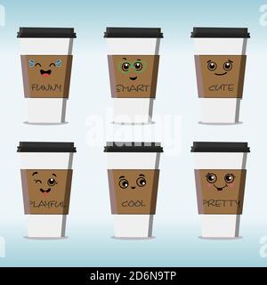 Set of hand-drawn funny coffee cups with different emotions and different captions Choose your emotions set. Isolated. A large Cup of coffee to take away with funny cartoon drawings Stock Vector