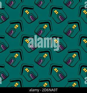 Small green houses, seamless pattern on dark green background. Stock Vector