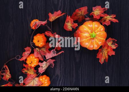 Autumn foliage with decorative pumpkins on wood. Stock Photo