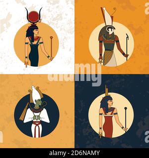 Illustration of the gods and symbols of ancient Egypt isolated against the vintage background. Egyptian gods and godness Hathor, Horus, Osiris and