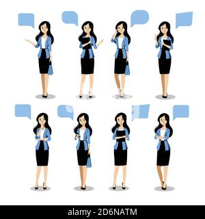 Young business woman set in different poses, on white background. Vector flat illustration. Female cartoon character in blue blazer and black skirt, i Stock Vector