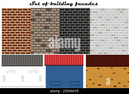 A set of brick facades of buildings with classic elements and a tiled roof. Flat vector images of the texture of the exterior cladding of urban buildings. Blanks for creating a brick background or creating, houses, streets, or cities. Stock Vector