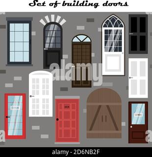 Set of vector doors for buildings. Flat illustration of different types, designs and styles of door structures. The facade of the building in the Empire, modern, classic style. Vector for creating home images on isolation, stay at home during quarantine. Illustrations for the design of facades, streets and exterior of the building, outdoor. Stock Vector