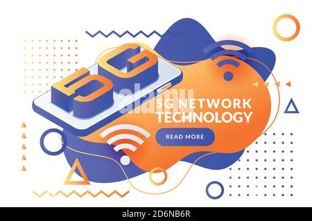 5G network wireless internet technology poster, banner design template. Smartphone with letters 5g, vector 3d isometric illustration. High-speed mobil Stock Vector