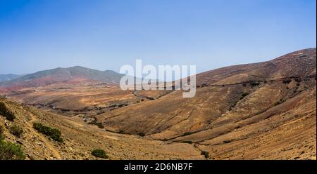 Panoramic view of mountain landscape from Mirador (viewpoint) de Morro Velosa. Fuerteventura. Canary Island. Spain. Stock Photo