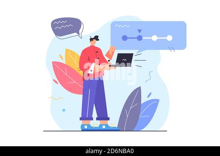 The guy with the laptop fills out the forms step by step Stock Vector