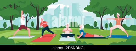 Senior women practicing yoga and meditation in green city park. Vector flat cartoon illustration. Concept of active healthy lifestyle of elderly femal Stock Vector