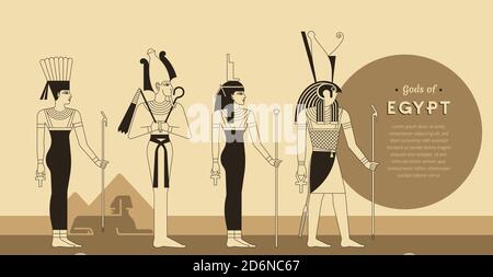 A vintage collection of vector illustrations by the ancient Egyptian gods and goddess Anuket, Osiris, Isis and Horus from the ankh. Stock Vector