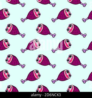 Chicken drumstick with eyes, seamless pattern on light blue  background. Stock Vector