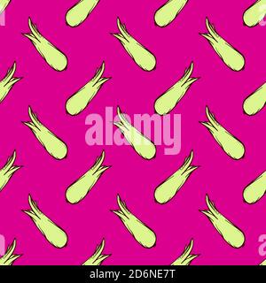 Green leek, seamless pattern on pink background. Stock Vector